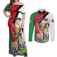 Personalized Palestine Couples Matching Off Shoulder Maxi Dress and Long Sleeve Button Shirt Mountain Gazelle With Faqqua Iris - Wonder Print Shop