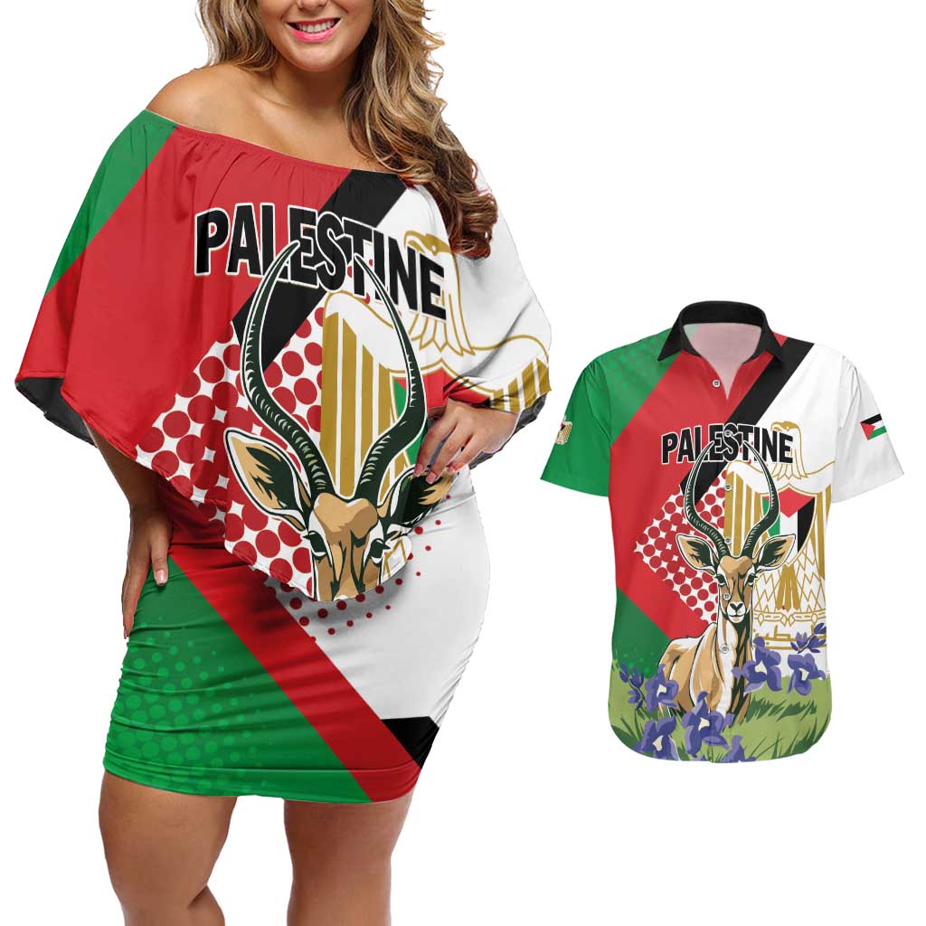 Personalized Palestine Couples Matching Off Shoulder Short Dress and Hawaiian Shirt Mountain Gazelle With Faqqua Iris - Wonder Print Shop