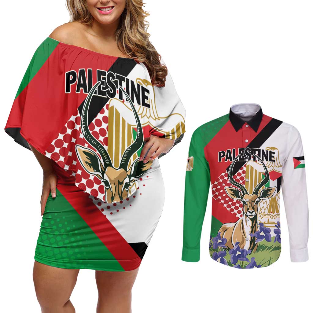 Personalized Palestine Couples Matching Off Shoulder Short Dress and Long Sleeve Button Shirt Mountain Gazelle With Faqqua Iris - Wonder Print Shop