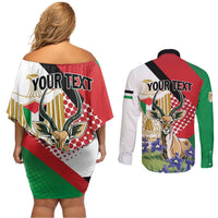 Personalized Palestine Couples Matching Off Shoulder Short Dress and Long Sleeve Button Shirt Mountain Gazelle With Faqqua Iris - Wonder Print Shop
