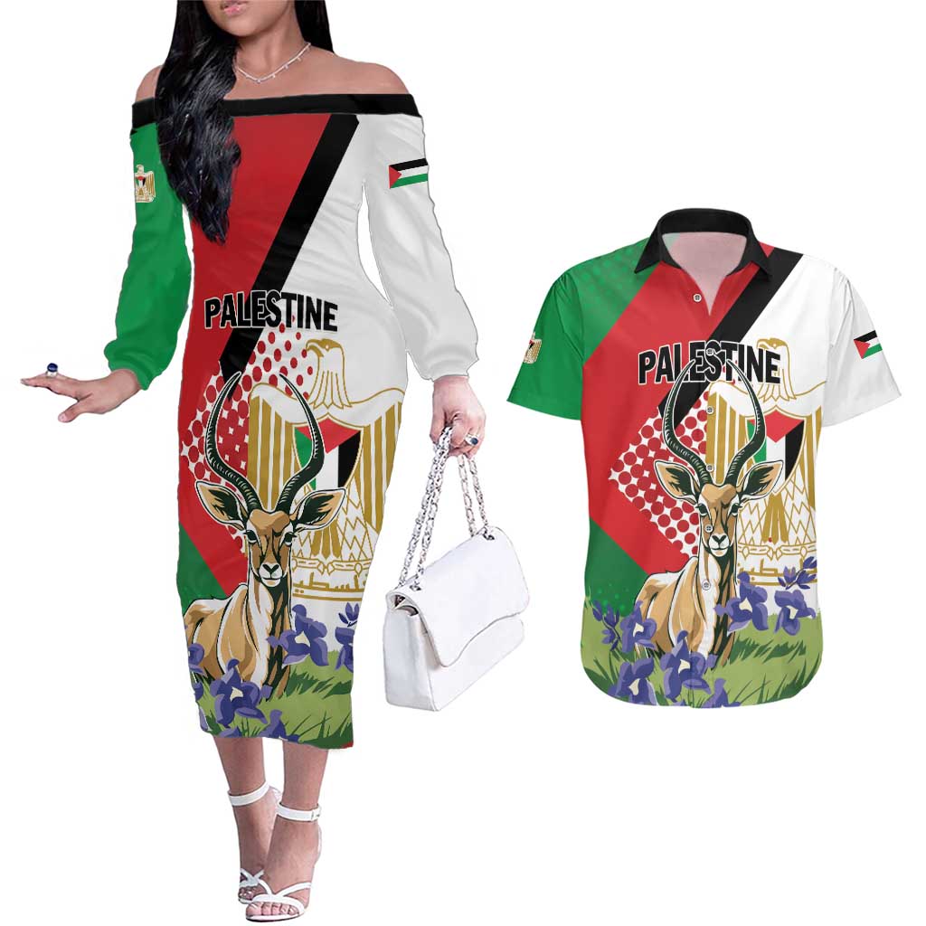 Personalized Palestine Couples Matching Off The Shoulder Long Sleeve Dress and Hawaiian Shirt Mountain Gazelle With Faqqua Iris - Wonder Print Shop