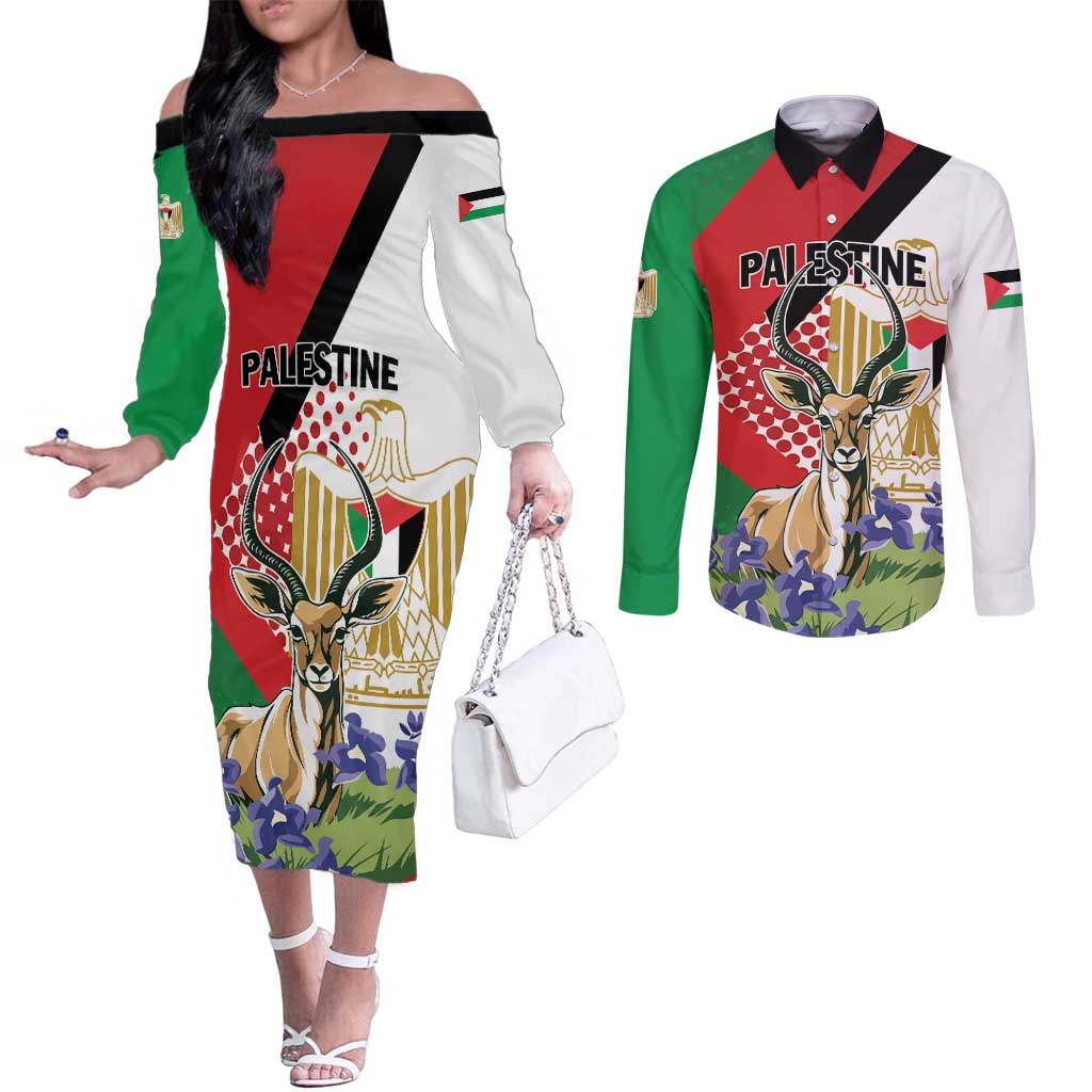 Personalized Palestine Couples Matching Off The Shoulder Long Sleeve Dress and Long Sleeve Button Shirt Mountain Gazelle With Faqqua Iris