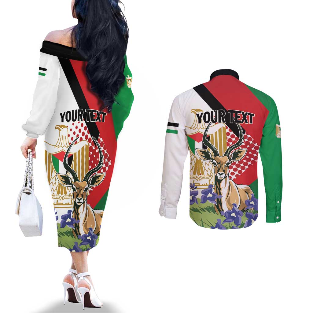 Personalized Palestine Couples Matching Off The Shoulder Long Sleeve Dress and Long Sleeve Button Shirt Mountain Gazelle With Faqqua Iris