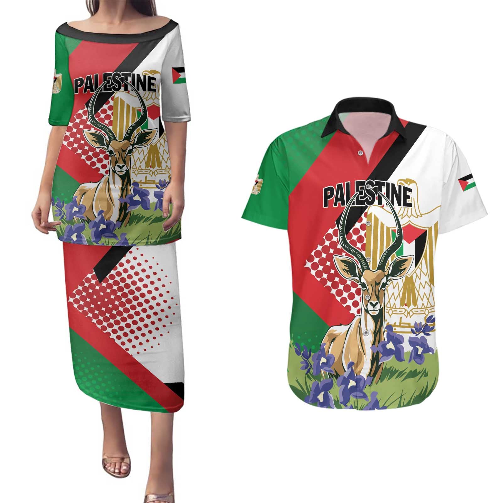 Personalized Palestine Couples Matching Puletasi and Hawaiian Shirt Mountain Gazelle With Faqqua Iris - Wonder Print Shop