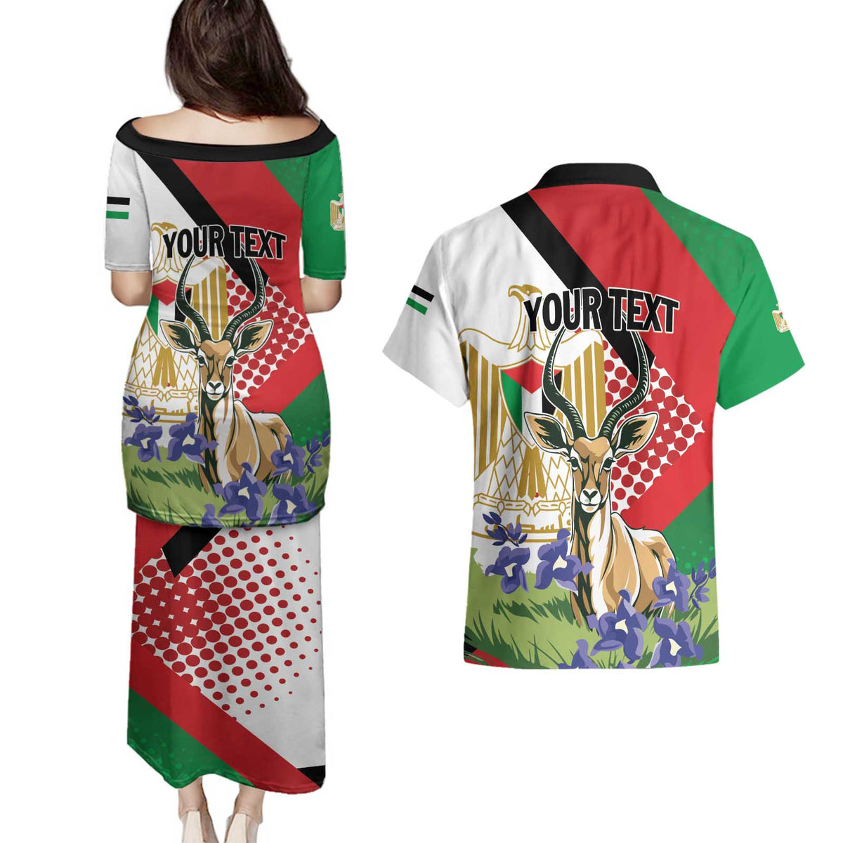 Personalized Palestine Couples Matching Puletasi and Hawaiian Shirt Mountain Gazelle With Faqqua Iris - Wonder Print Shop