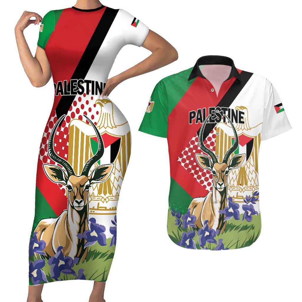 Personalized Palestine Couples Matching Short Sleeve Bodycon Dress and Hawaiian Shirt Mountain Gazelle With Faqqua Iris - Wonder Print Shop