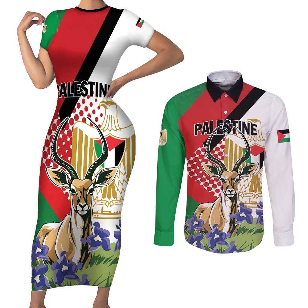 Personalized Palestine Couples Matching Short Sleeve Bodycon Dress and Long Sleeve Button Shirt Mountain Gazelle With Faqqua Iris - Wonder Print Shop