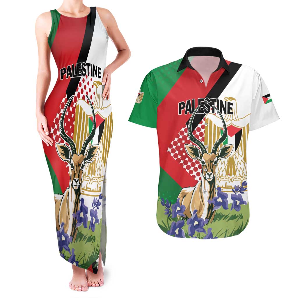 Personalized Palestine Couples Matching Tank Maxi Dress and Hawaiian Shirt Mountain Gazelle With Faqqua Iris - Wonder Print Shop