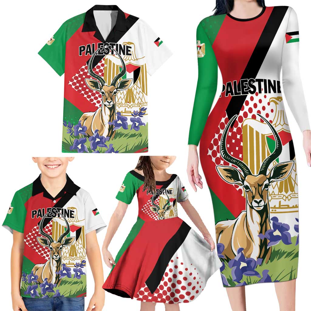 Personalized Palestine Family Matching Long Sleeve Bodycon Dress and Hawaiian Shirt Mountain Gazelle With Faqqua Iris - Wonder Print Shop