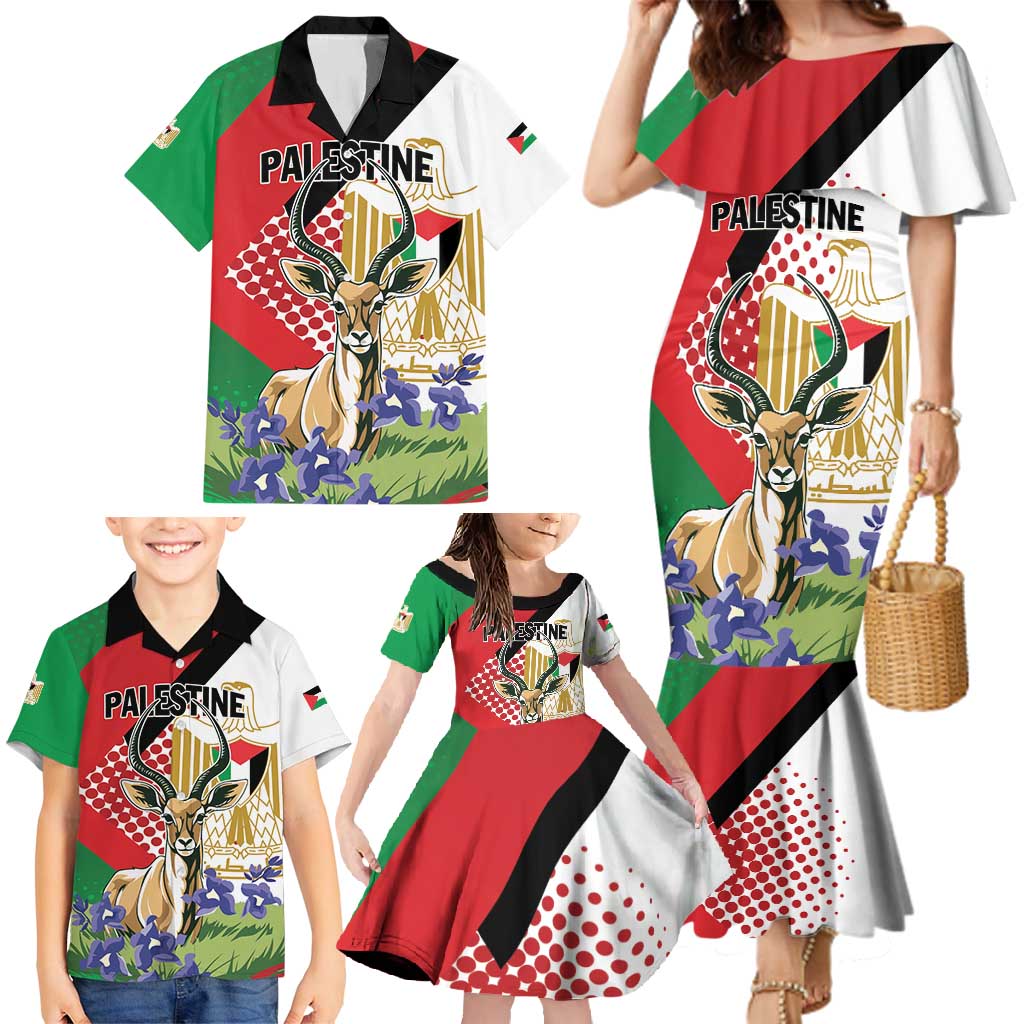 Personalized Palestine Family Matching Mermaid Dress and Hawaiian Shirt Mountain Gazelle With Faqqua Iris - Wonder Print Shop