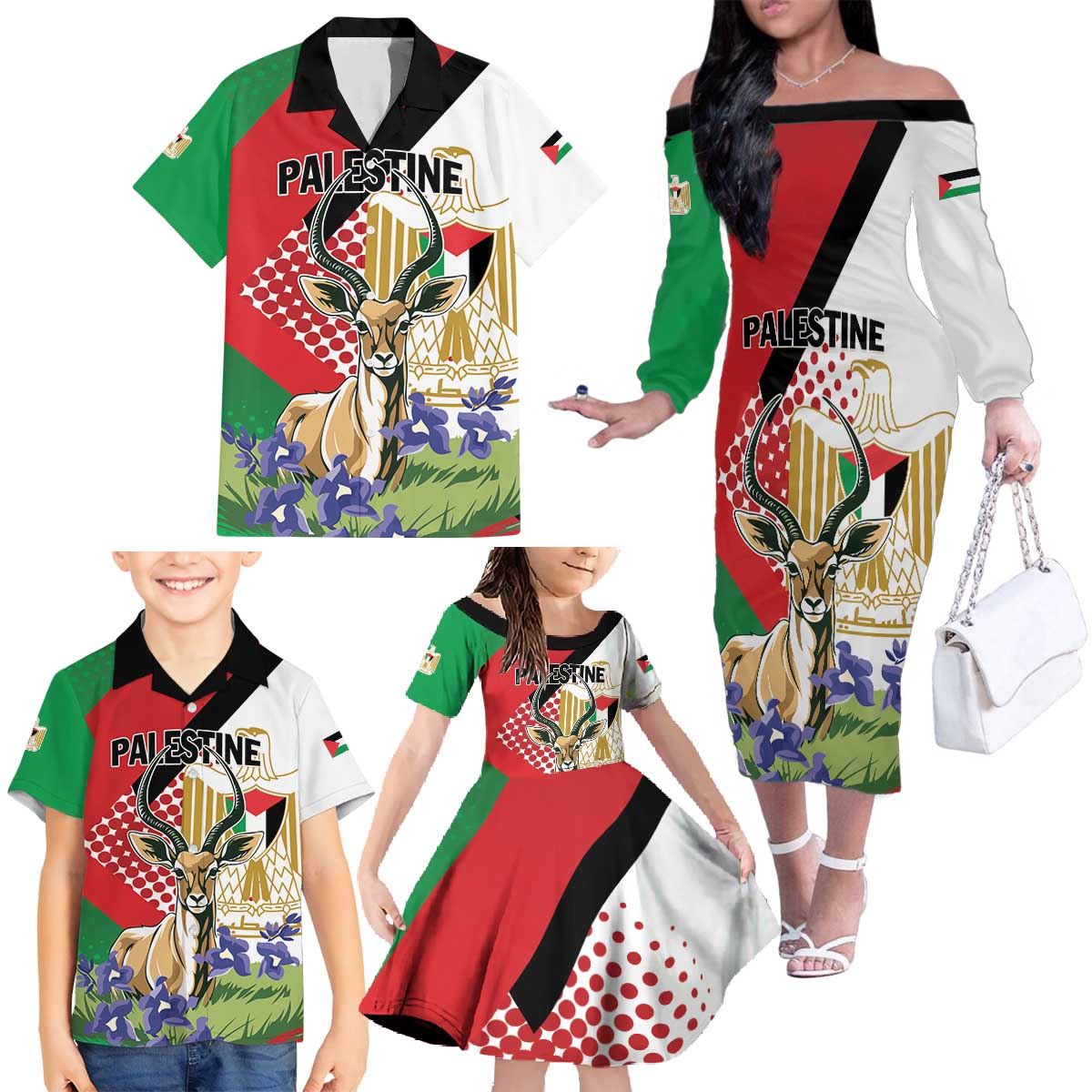 Personalized Palestine Family Matching Off The Shoulder Long Sleeve Dress and Hawaiian Shirt Mountain Gazelle With Faqqua Iris - Wonder Print Shop