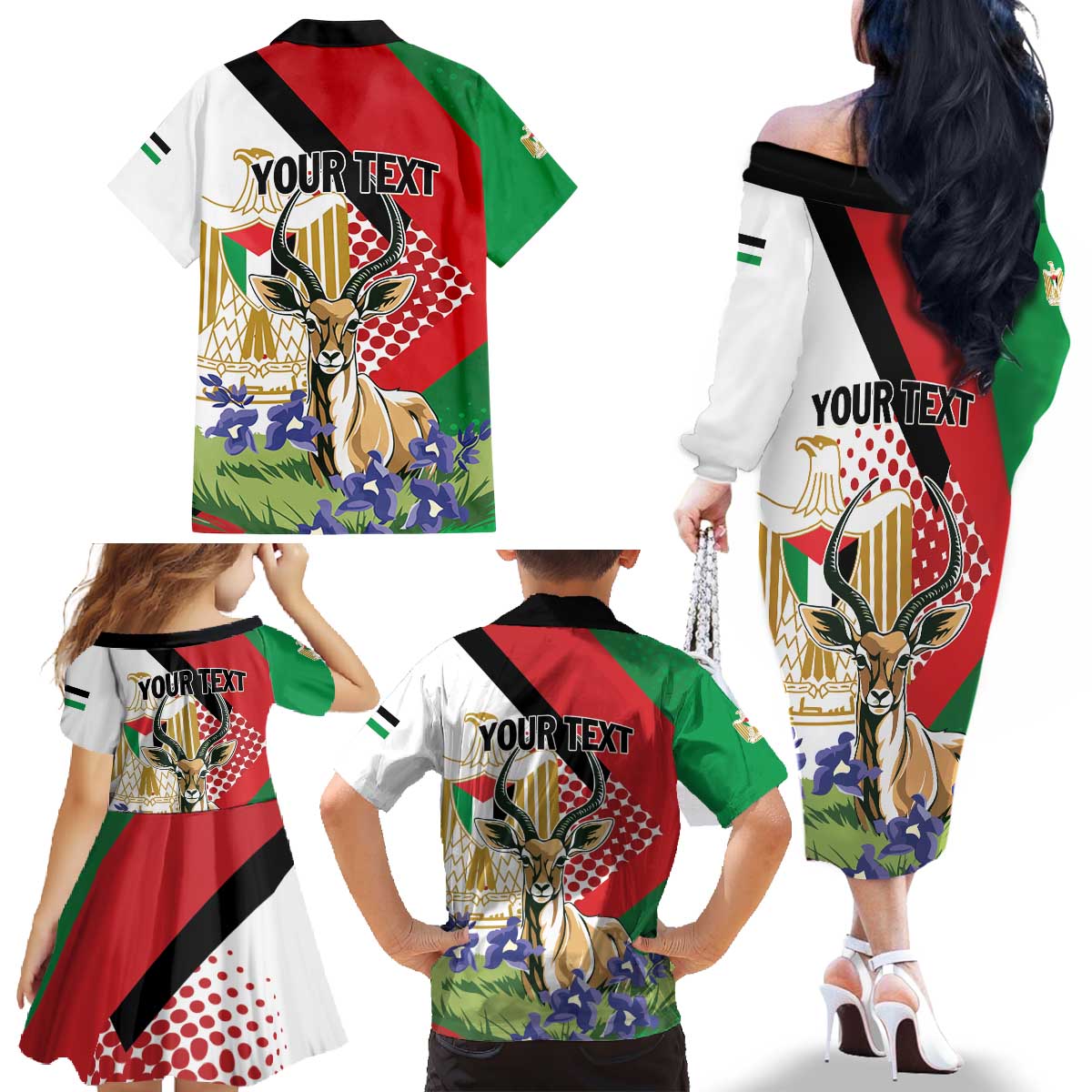 Personalized Palestine Family Matching Off The Shoulder Long Sleeve Dress and Hawaiian Shirt Mountain Gazelle With Faqqua Iris - Wonder Print Shop