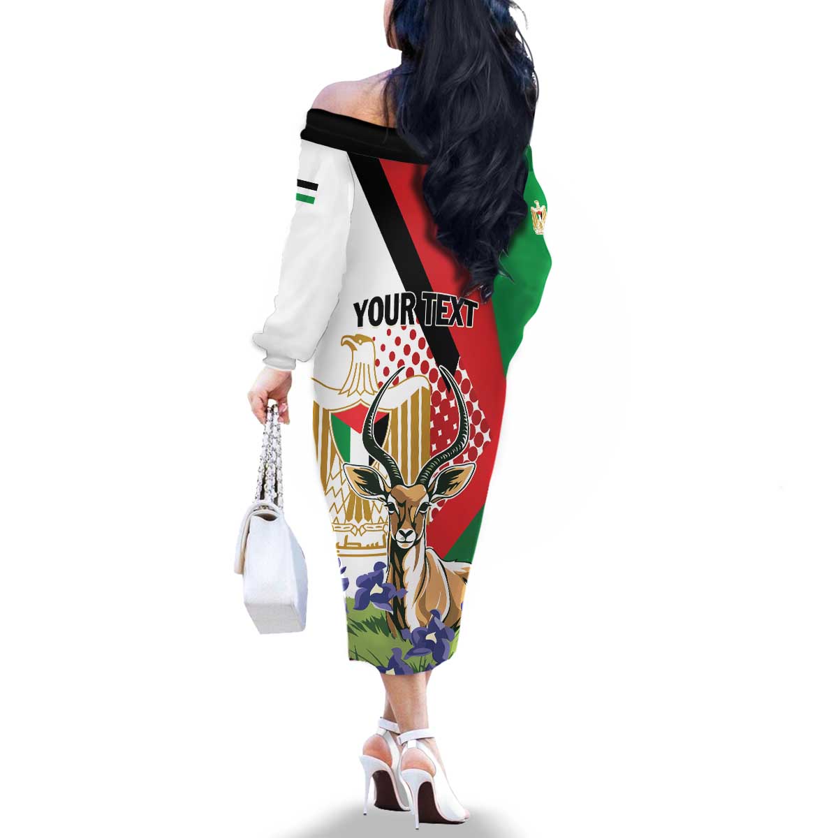 Personalized Palestine Family Matching Off The Shoulder Long Sleeve Dress and Hawaiian Shirt Mountain Gazelle With Faqqua Iris - Wonder Print Shop