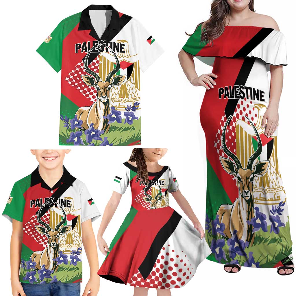 Personalized Palestine Family Matching Off Shoulder Maxi Dress and Hawaiian Shirt Mountain Gazelle With Faqqua Iris - Wonder Print Shop