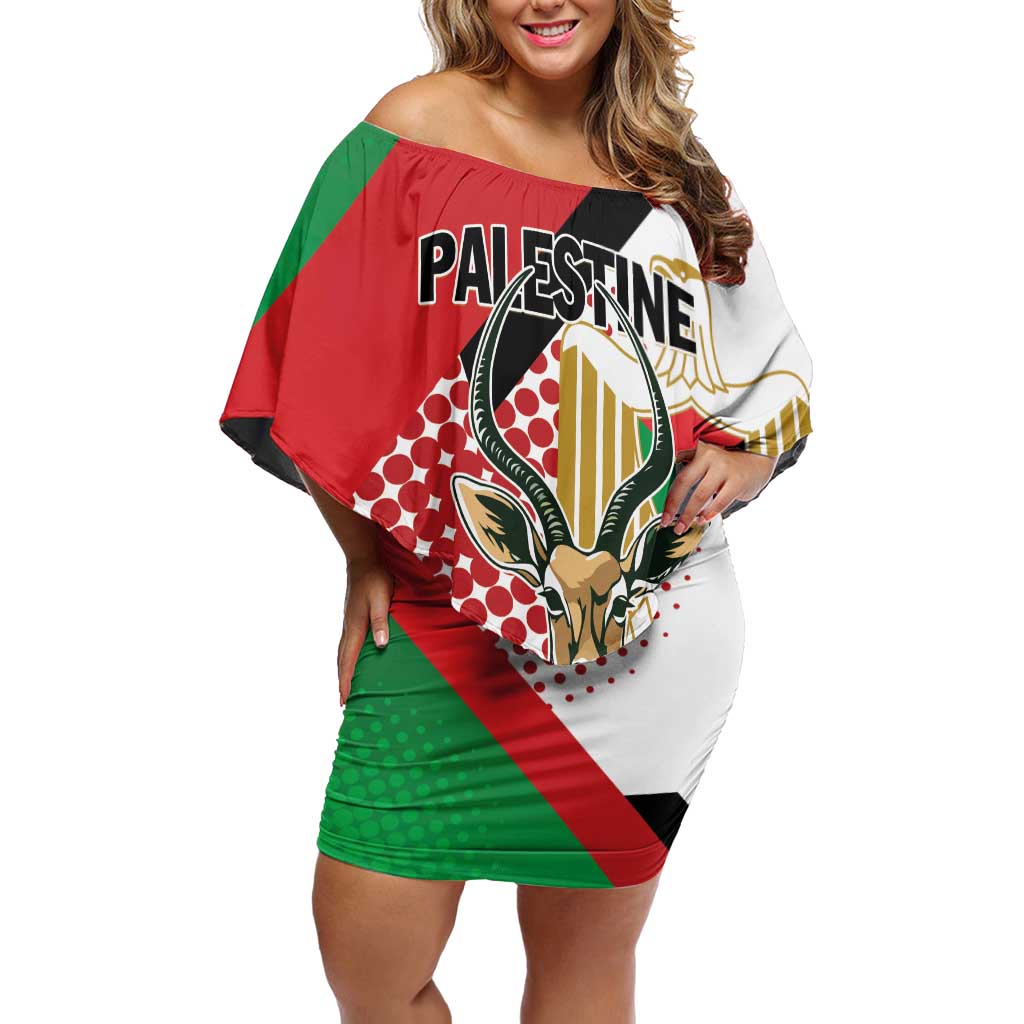 Personalized Palestine Family Matching Off Shoulder Short Dress and Hawaiian Shirt Mountain Gazelle With Faqqua Iris - Wonder Print Shop