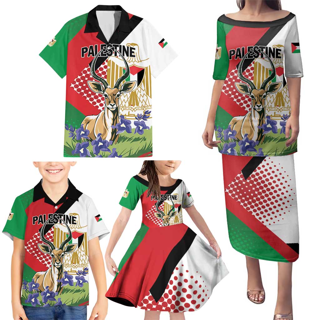 Personalized Palestine Family Matching Puletasi and Hawaiian Shirt Mountain Gazelle With Faqqua Iris - Wonder Print Shop