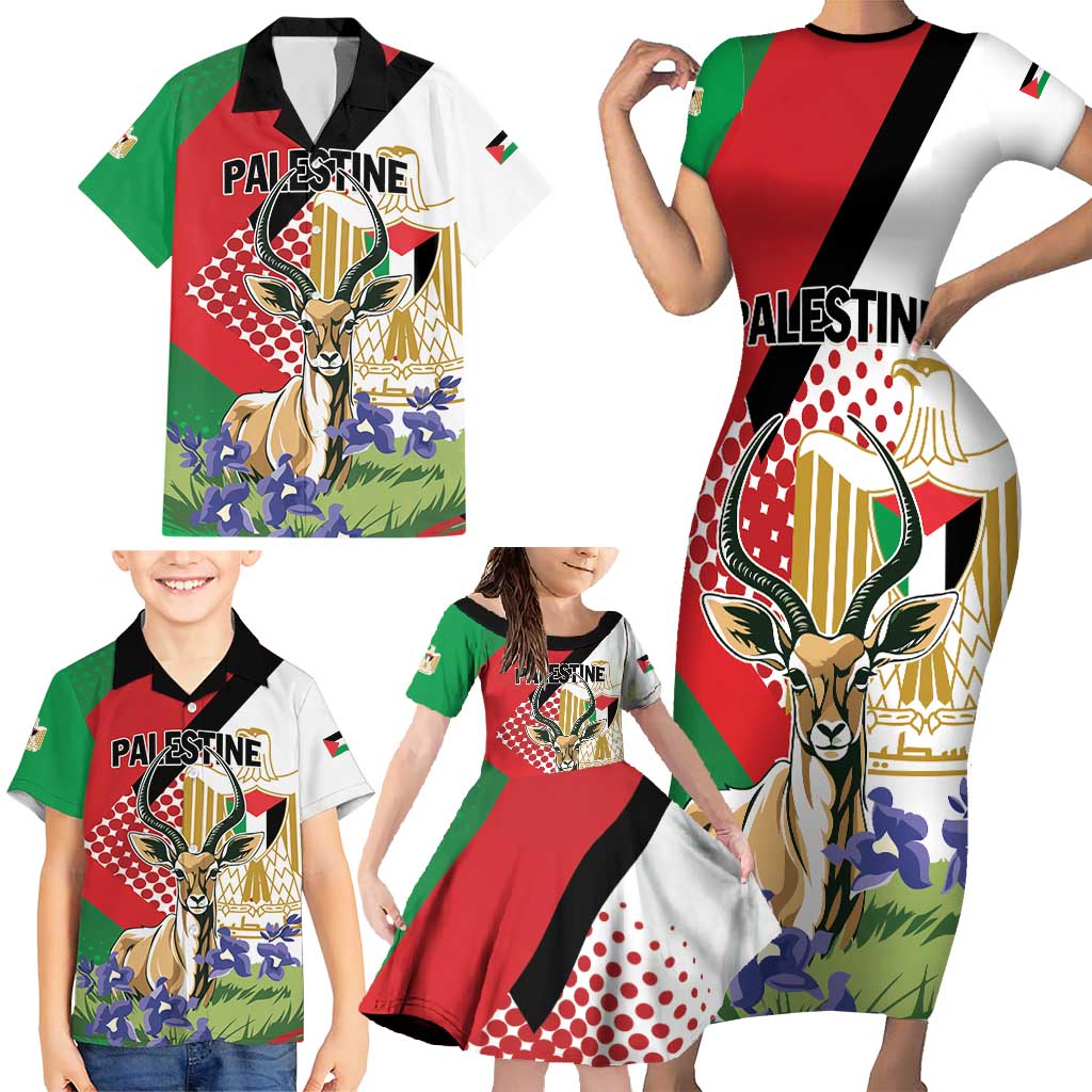 Personalized Palestine Family Matching Short Sleeve Bodycon Dress and Hawaiian Shirt Mountain Gazelle With Faqqua Iris - Wonder Print Shop