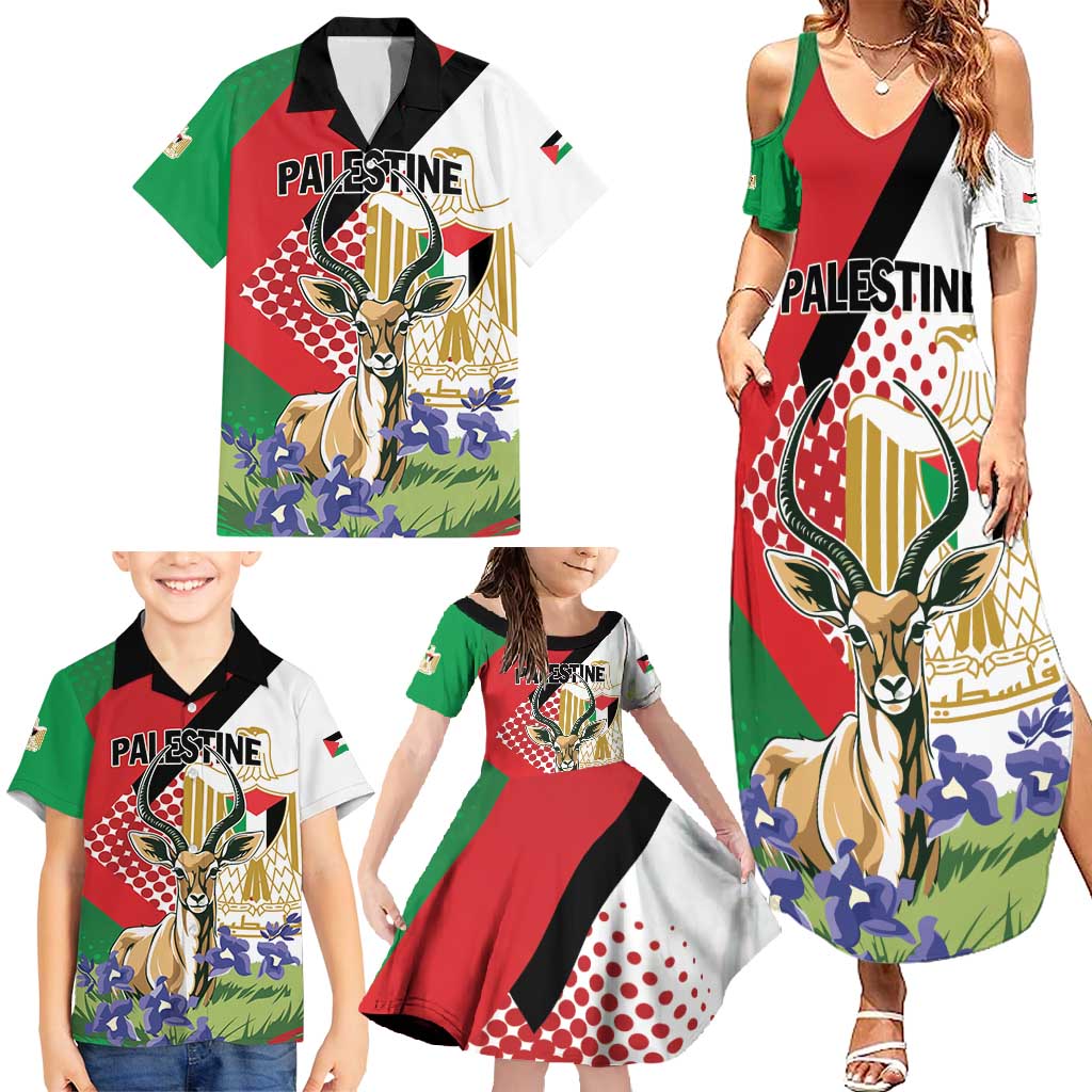 Personalized Palestine Family Matching Summer Maxi Dress and Hawaiian Shirt Mountain Gazelle With Faqqua Iris - Wonder Print Shop