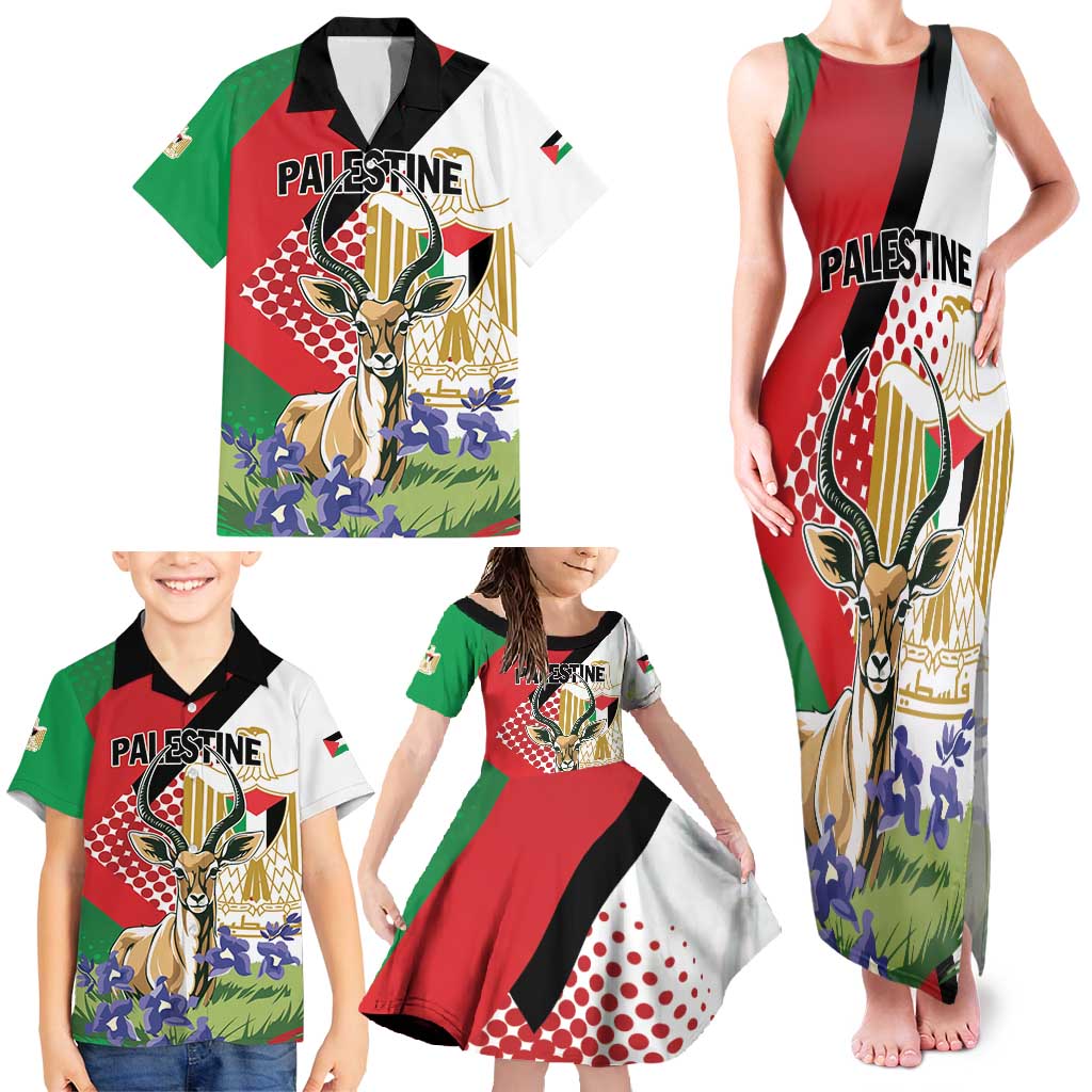 Personalized Palestine Family Matching Tank Maxi Dress and Hawaiian Shirt Mountain Gazelle With Faqqua Iris - Wonder Print Shop