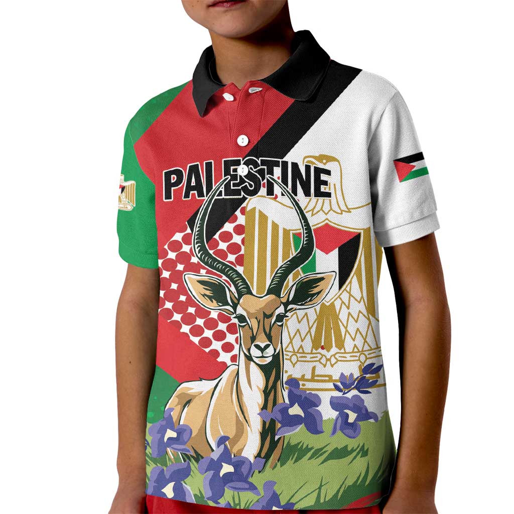 Personalized Palestine Kid Polo Shirt Mountain Gazelle With Faqqua Iris - Wonder Print Shop