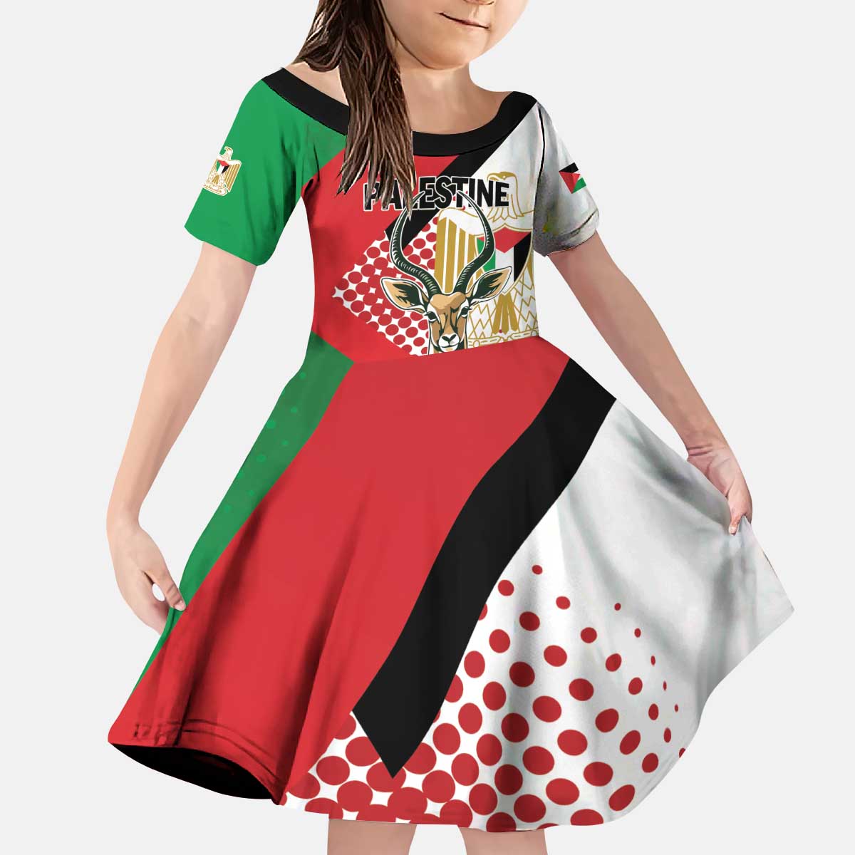Personalized Palestine Kid Short Sleeve Dress Mountain Gazelle With Faqqua Iris - Wonder Print Shop
