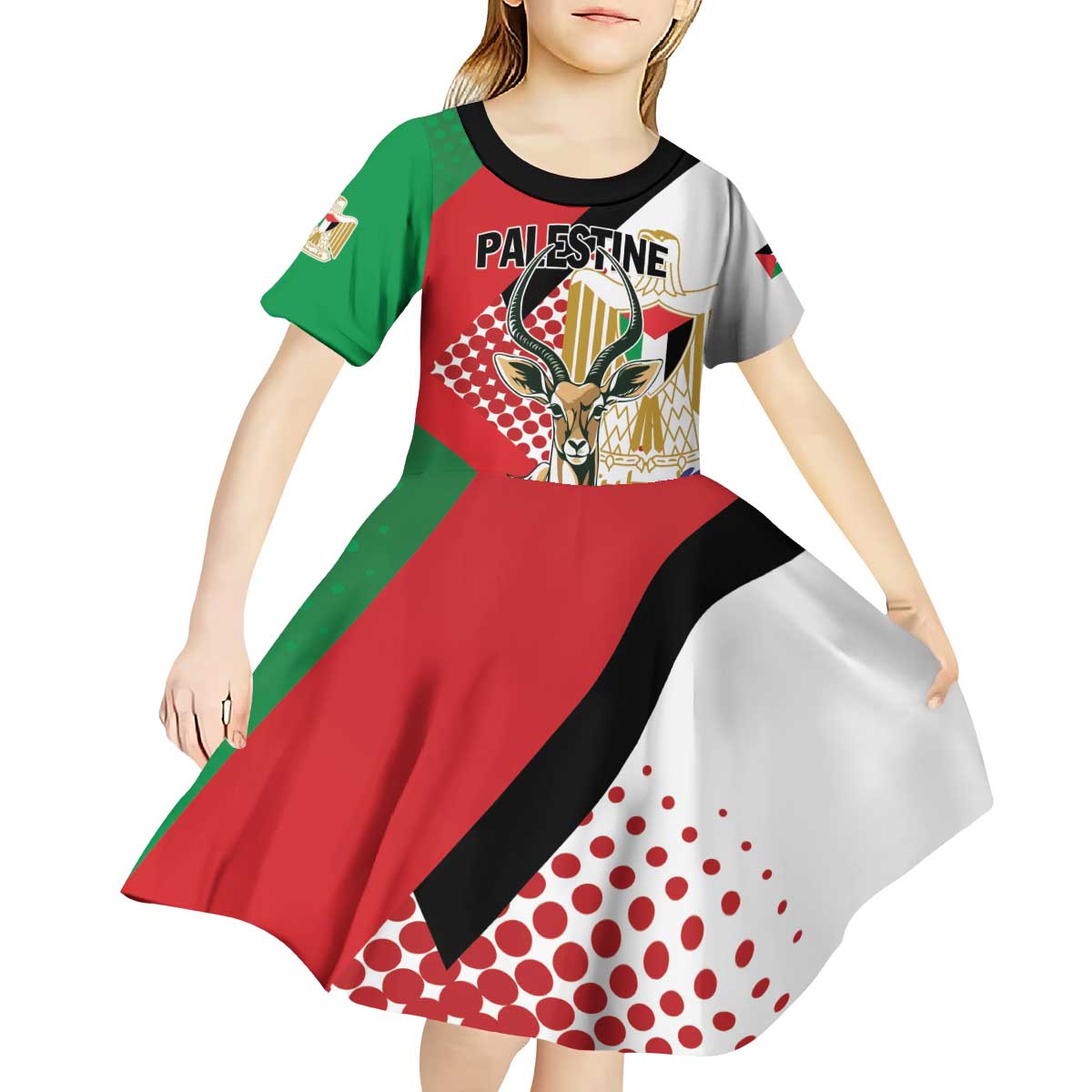 Personalized Palestine Kid Short Sleeve Dress Mountain Gazelle With Faqqua Iris - Wonder Print Shop