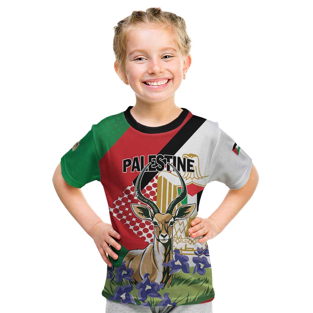 Personalized Palestine Kid T Shirt Mountain Gazelle With Faqqua Iris - Wonder Print Shop