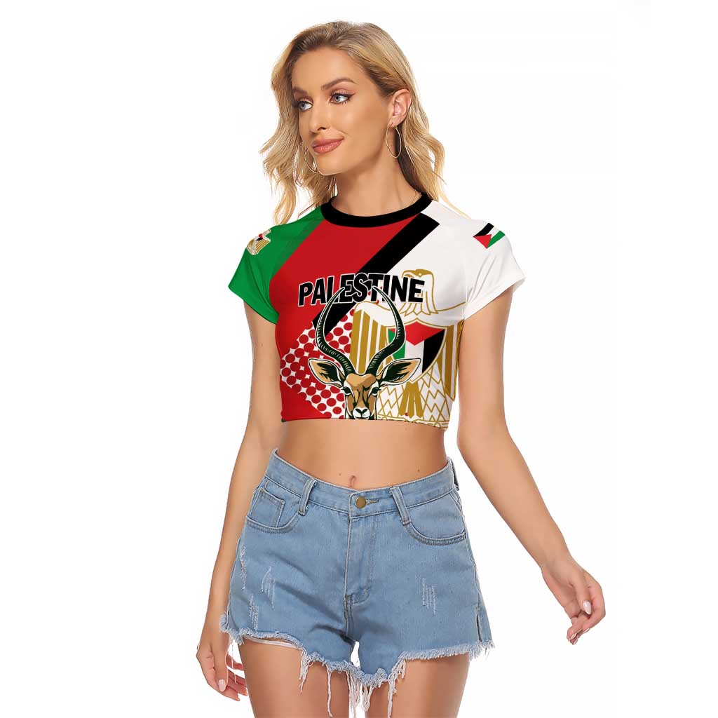 Personalized Palestine Raglan Cropped T Shirt Mountain Gazelle With Faqqua Iris - Wonder Print Shop
