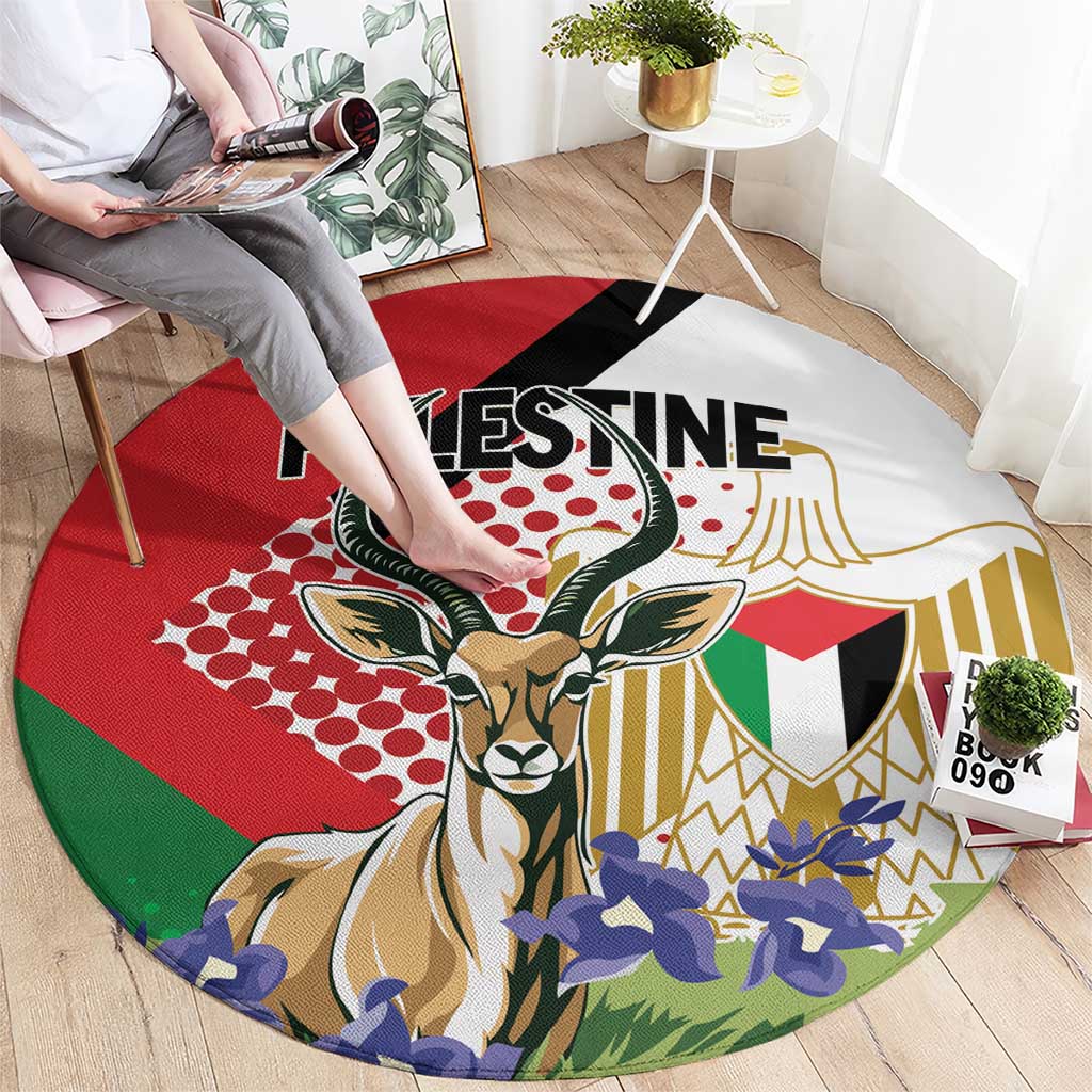 Palestine Round Carpet Mountain Gazelle With Faqqua Iris