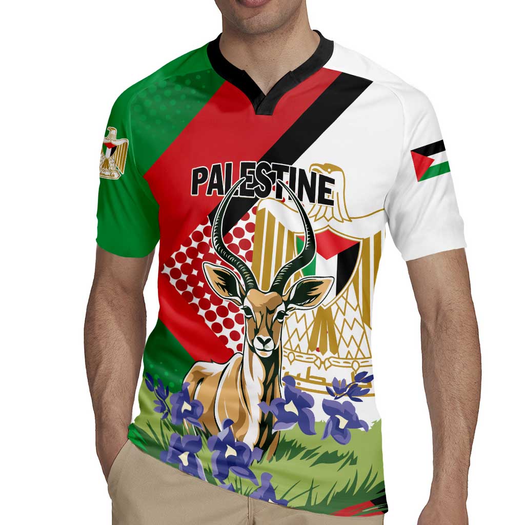 Personalized Palestine Rugby Jersey Mountain Gazelle With Faqqua Iris - Wonder Print Shop