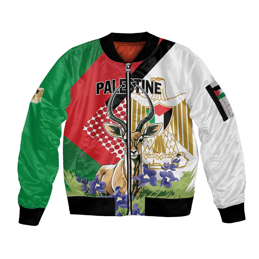 Personalized Palestine Sleeve Zip Bomber Jacket Mountain Gazelle With Faqqua Iris - Wonder Print Shop