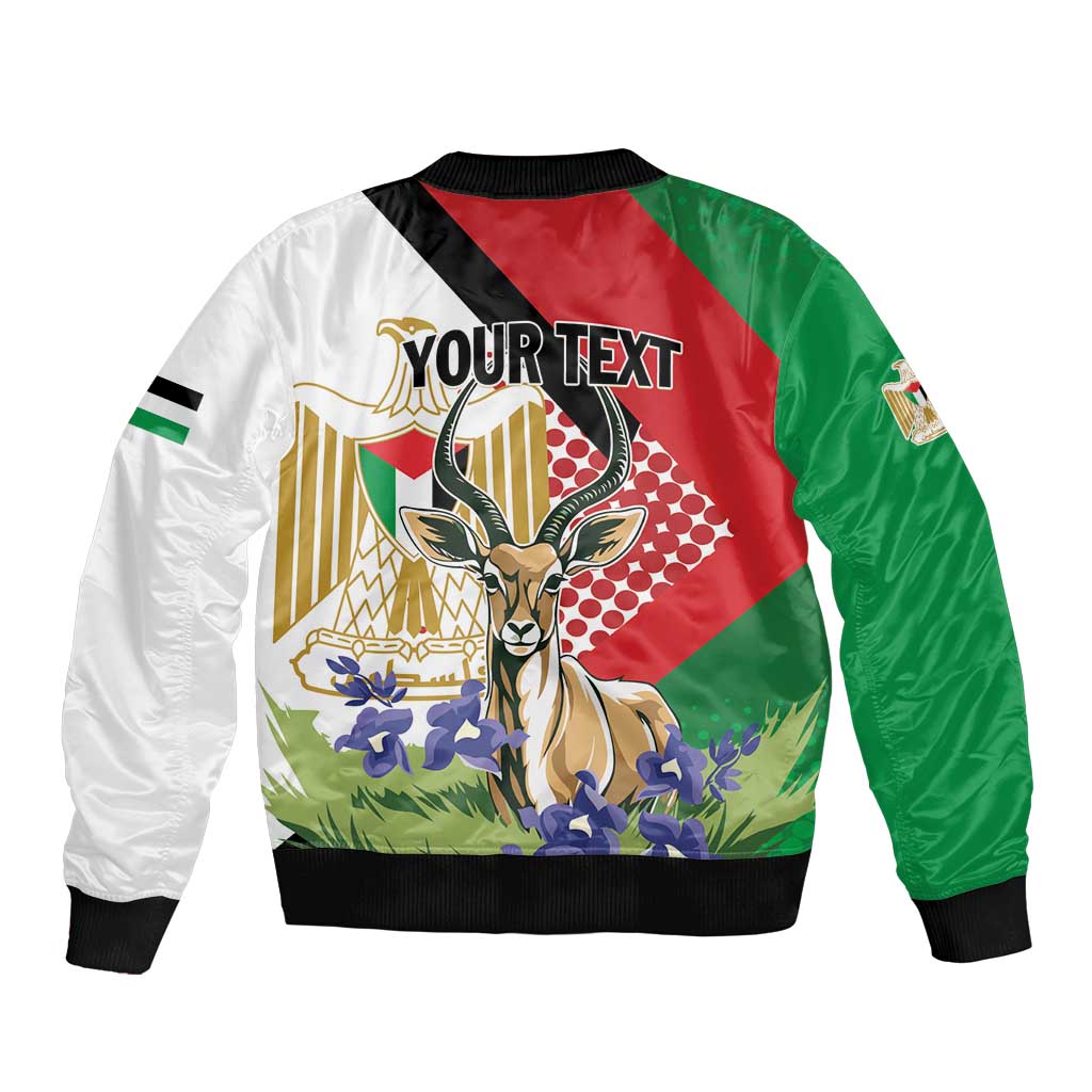 Personalized Palestine Sleeve Zip Bomber Jacket Mountain Gazelle With Faqqua Iris - Wonder Print Shop