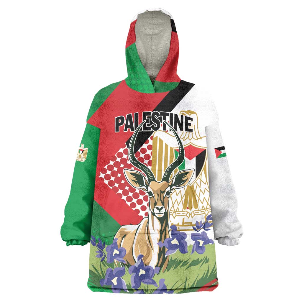 Personalized Palestine Wearable Blanket Hoodie Mountain Gazelle With Faqqua Iris - Wonder Print Shop
