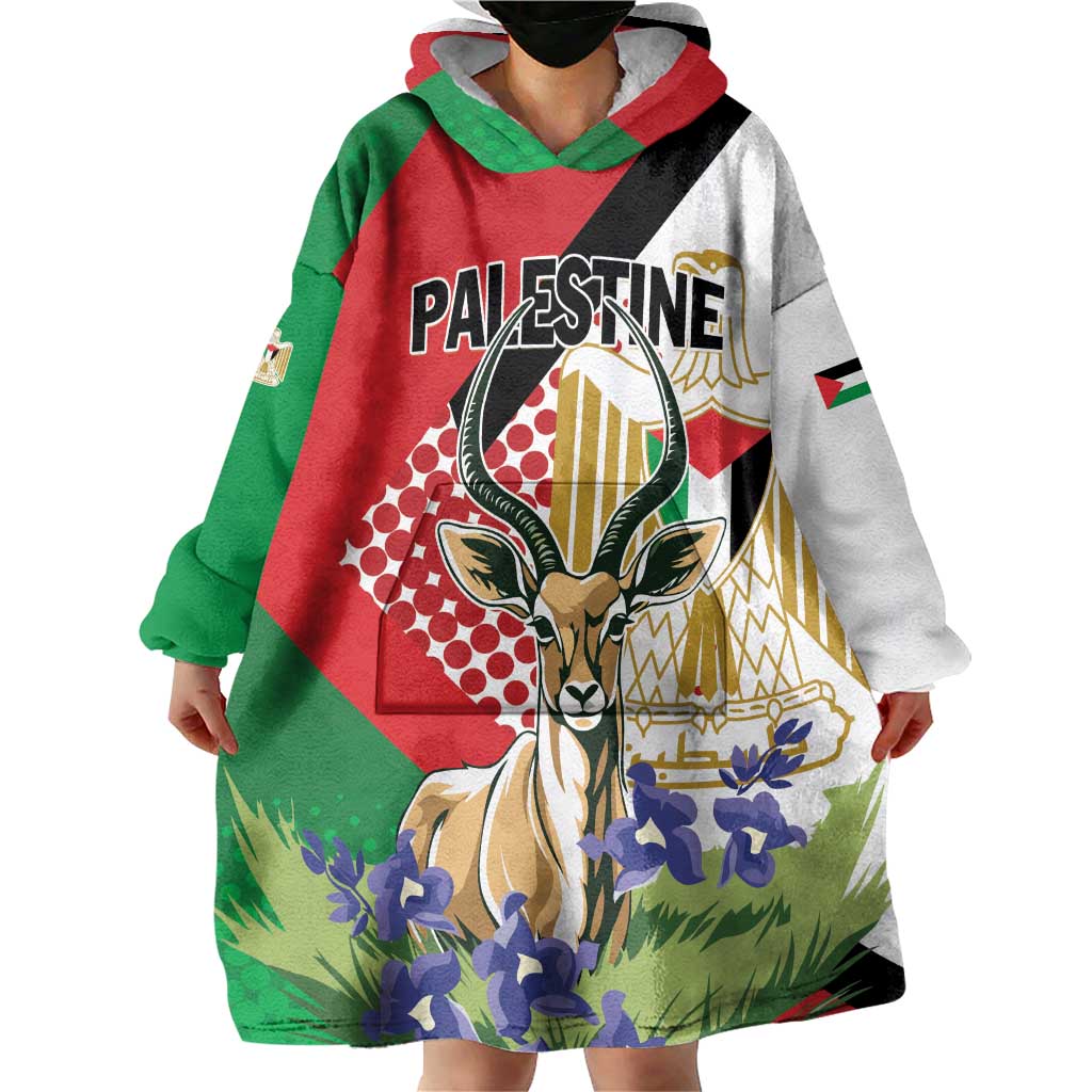 Personalized Palestine Wearable Blanket Hoodie Mountain Gazelle With Faqqua Iris - Wonder Print Shop