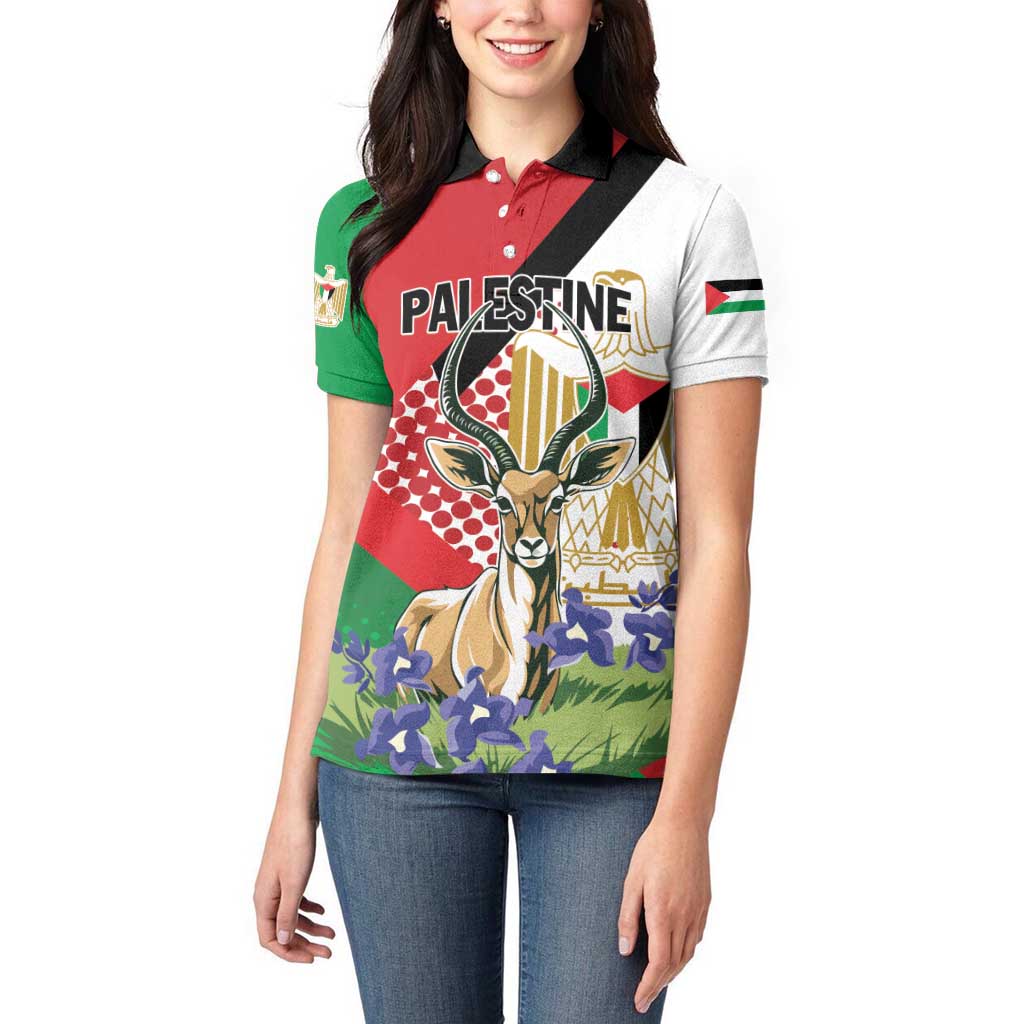 Personalized Palestine Women Polo Shirt Mountain Gazelle With Faqqua Iris - Wonder Print Shop