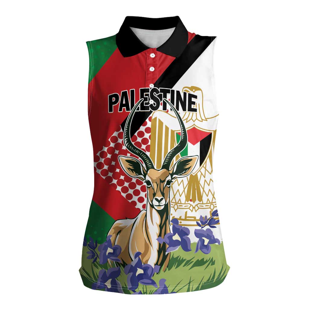 Personalized Palestine Women Sleeveless Polo Shirt Mountain Gazelle With Faqqua Iris - Wonder Print Shop
