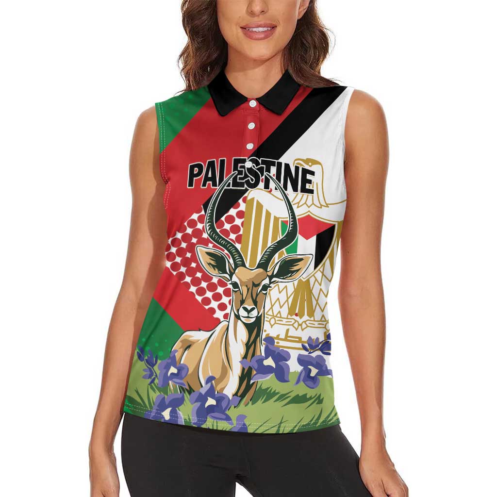 Personalized Palestine Women Sleeveless Polo Shirt Mountain Gazelle With Faqqua Iris - Wonder Print Shop