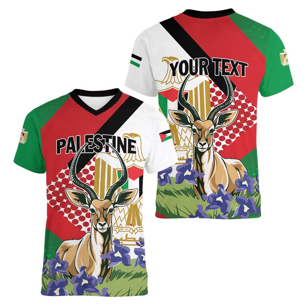 Personalized Palestine Women V-Neck T-Shirt Mountain Gazelle With Faqqua Iris - Wonder Print Shop