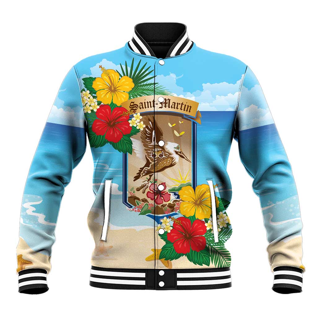 Personalized Collectivity of Saint Martin Baseball Jacket Hibiscus Flowers Tropical Beach - Wonder Print Shop