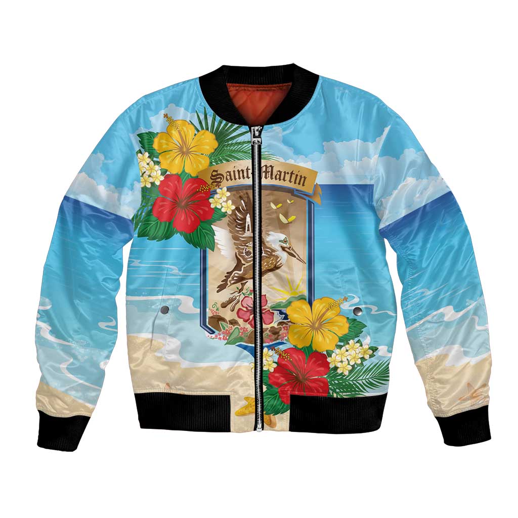 Personalized Collectivity of Saint Martin Bomber Jacket Hibiscus Flowers Tropical Beach - Wonder Print Shop