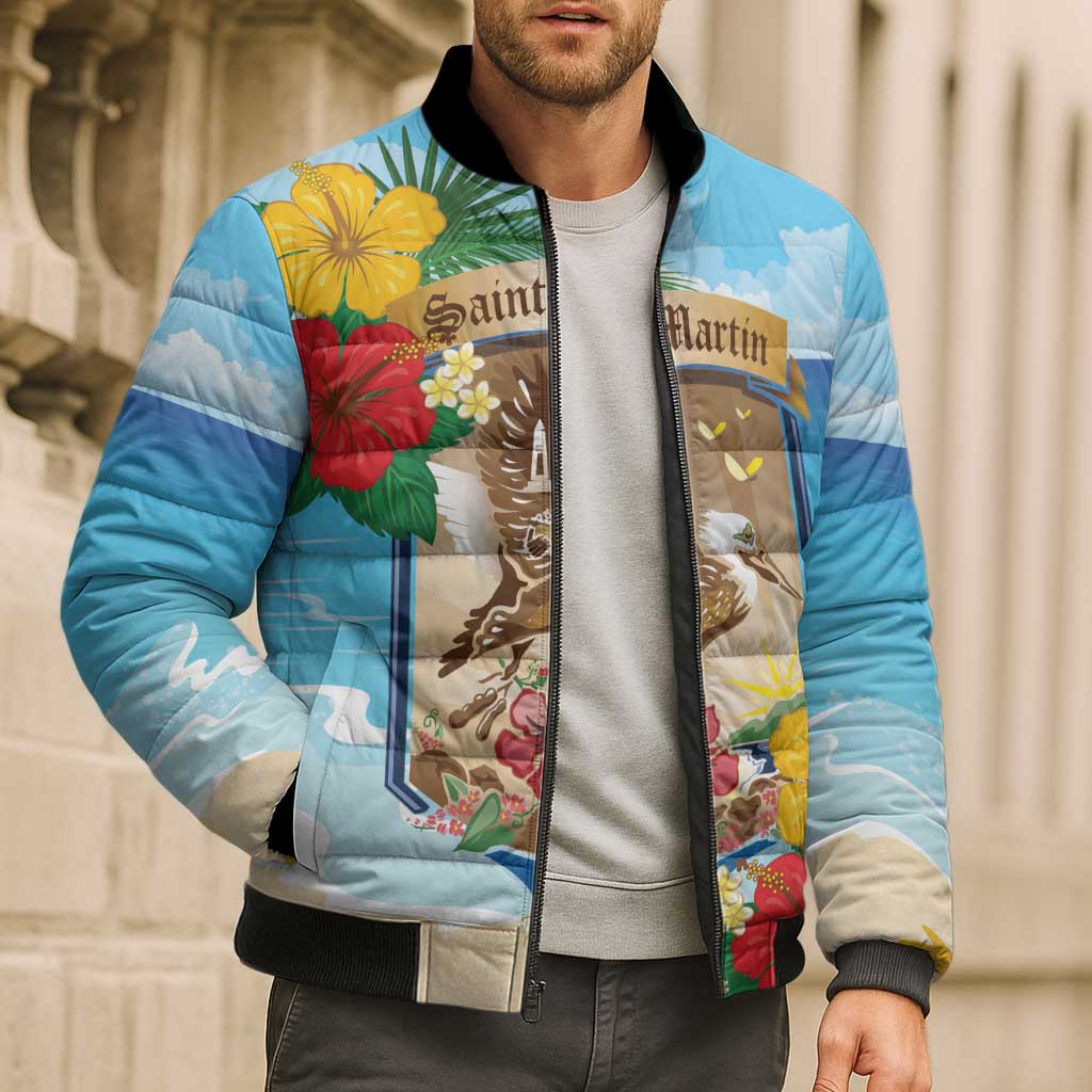 Personalized Collectivity of Saint Martin Bomber Puffer Jacket Hibiscus Flowers Tropical Beach - Wonder Print Shop