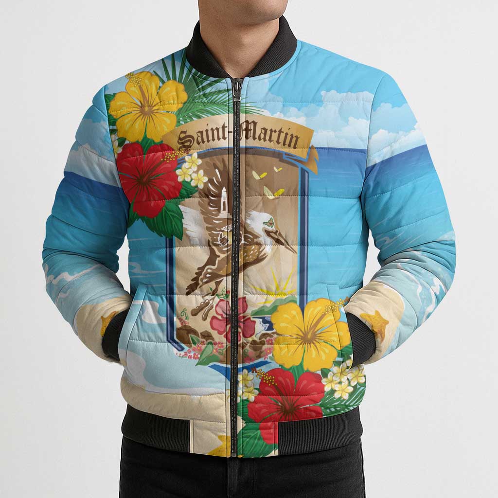 Personalized Collectivity of Saint Martin Bomber Puffer Jacket Hibiscus Flowers Tropical Beach - Wonder Print Shop