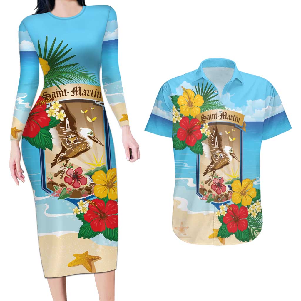 Personalized Collectivity of Saint Martin Couples Matching Long Sleeve Bodycon Dress and Hawaiian Shirt Hibiscus Flowers Tropical Beach - Wonder Print Shop