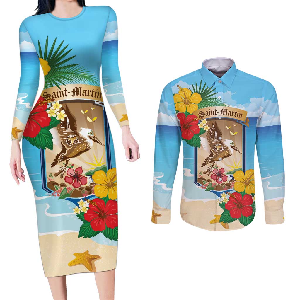 Personalized Collectivity of Saint Martin Couples Matching Long Sleeve Bodycon Dress and Long Sleeve Button Shirt Hibiscus Flowers Tropical Beach - Wonder Print Shop