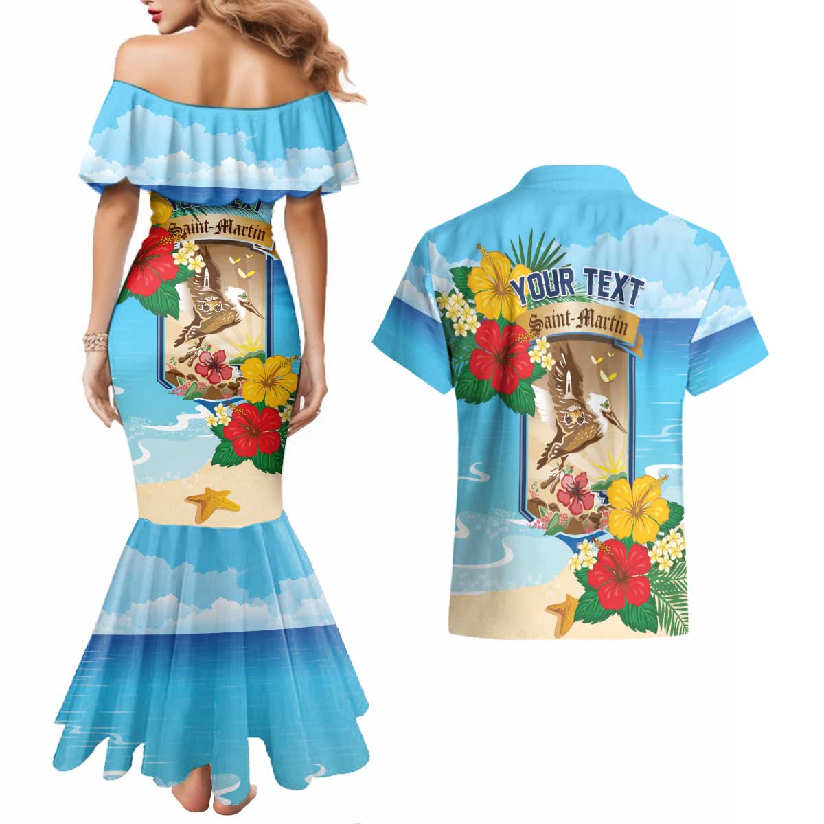 Personalized Collectivity of Saint Martin Couples Matching Mermaid Dress and Hawaiian Shirt Hibiscus Flowers Tropical Beach - Wonder Print Shop