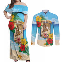 Personalized Collectivity of Saint Martin Couples Matching Off Shoulder Maxi Dress and Long Sleeve Button Shirt Hibiscus Flowers Tropical Beach - Wonder Print Shop