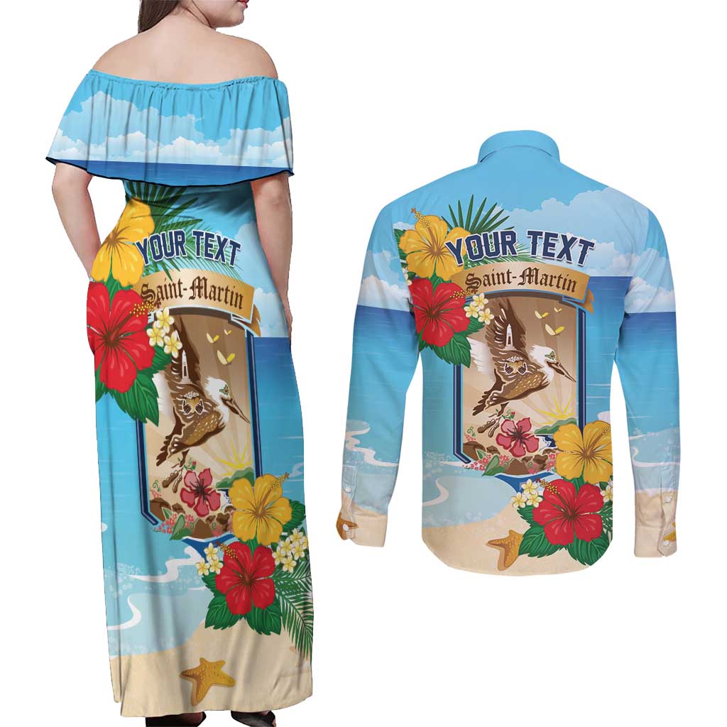 Personalized Collectivity of Saint Martin Couples Matching Off Shoulder Maxi Dress and Long Sleeve Button Shirt Hibiscus Flowers Tropical Beach - Wonder Print Shop