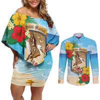 Personalized Collectivity of Saint Martin Couples Matching Off Shoulder Short Dress and Long Sleeve Button Shirt Hibiscus Flowers Tropical Beach - Wonder Print Shop