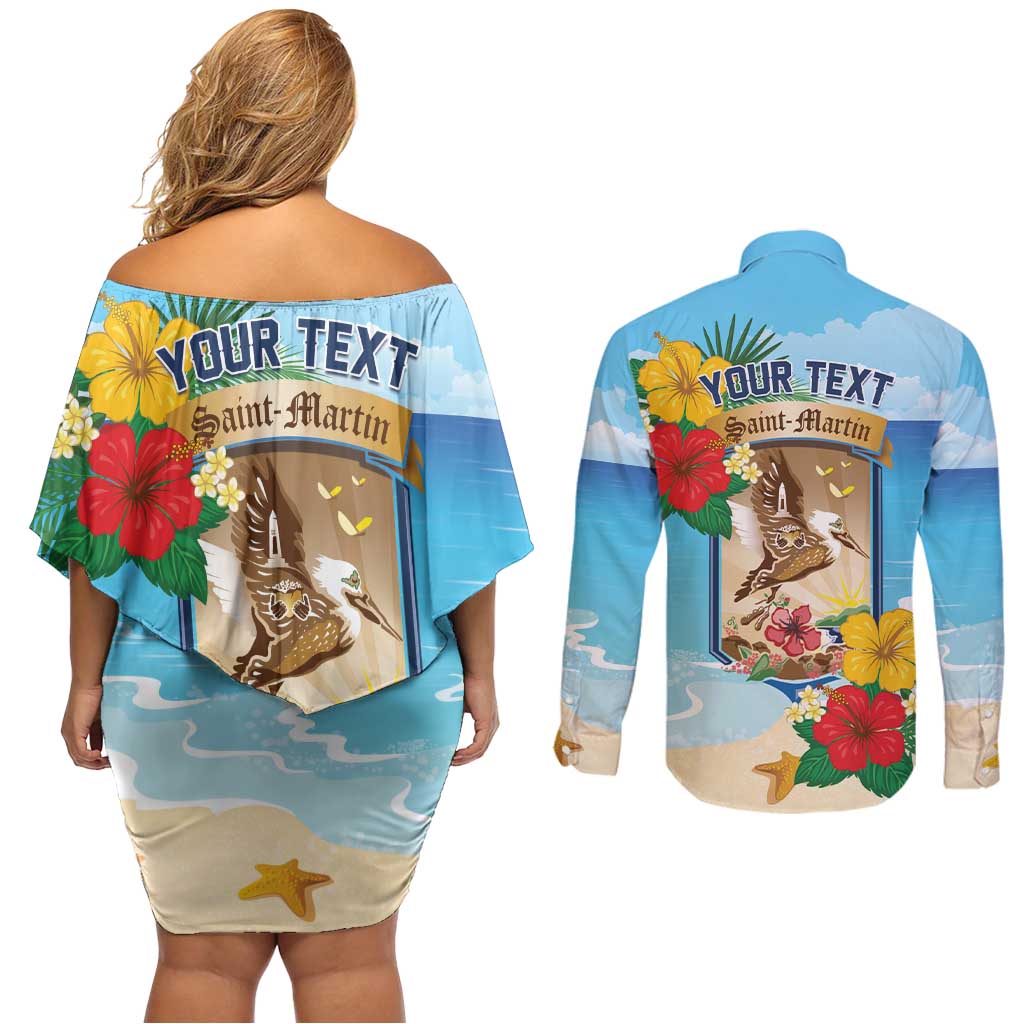 Personalized Collectivity of Saint Martin Couples Matching Off Shoulder Short Dress and Long Sleeve Button Shirt Hibiscus Flowers Tropical Beach - Wonder Print Shop