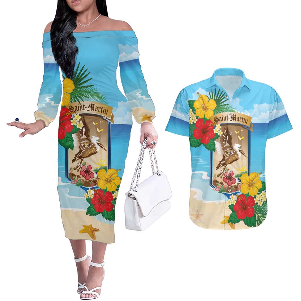 Personalized Collectivity of Saint Martin Couples Matching Off The Shoulder Long Sleeve Dress and Hawaiian Shirt Hibiscus Flowers Tropical Beach - Wonder Print Shop